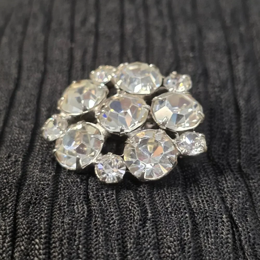 Vintage Clear Rhinestone Cluster Brooch Silver Tone Floral Pin Old Hollywood